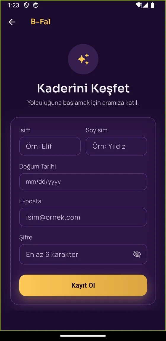 B-Fal kayıt ekranı: Kaderini Keşfet